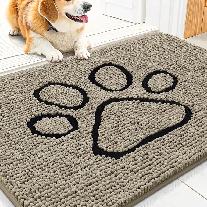 Long-Lasting Smiry Dog Door Mat for Muddy Paws Absorbent Dirt Trapper Non Slip Quick Dry Washable Chenille Mat for Mud Dogs Entry Rug for Indoor and Outdoor 30×20 Inches Warm Taupe and Black About ThisOverview Flexible