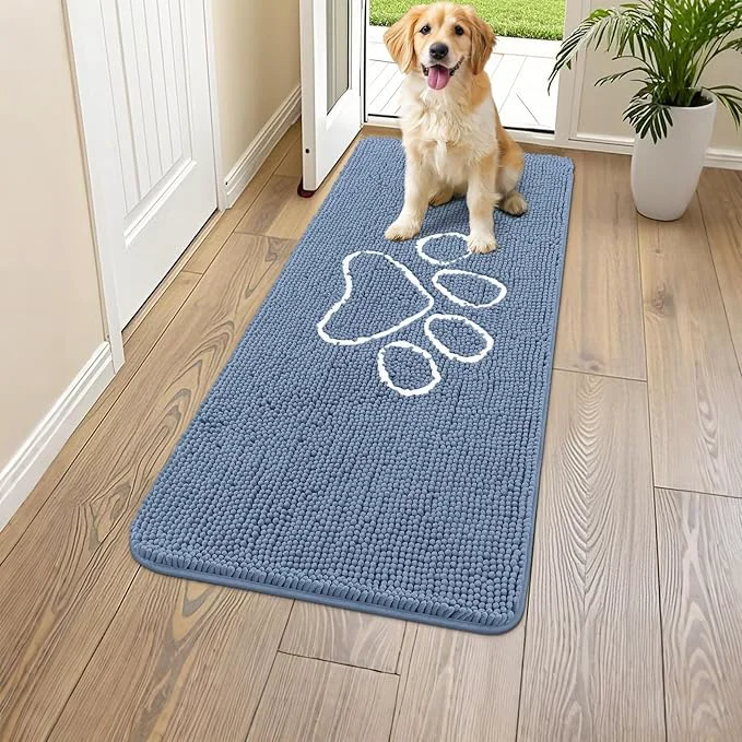 Exceptional Smiry Dog Door Mat for Muddy Paws Absorbent Dirt Trapper Non Slip Quick Dry Washable Chenille Mat for Mud Dogs Entry Rug for Indoor and Outdoor 47×24 Inches Airy Blue and White About ThisOverview Reusable