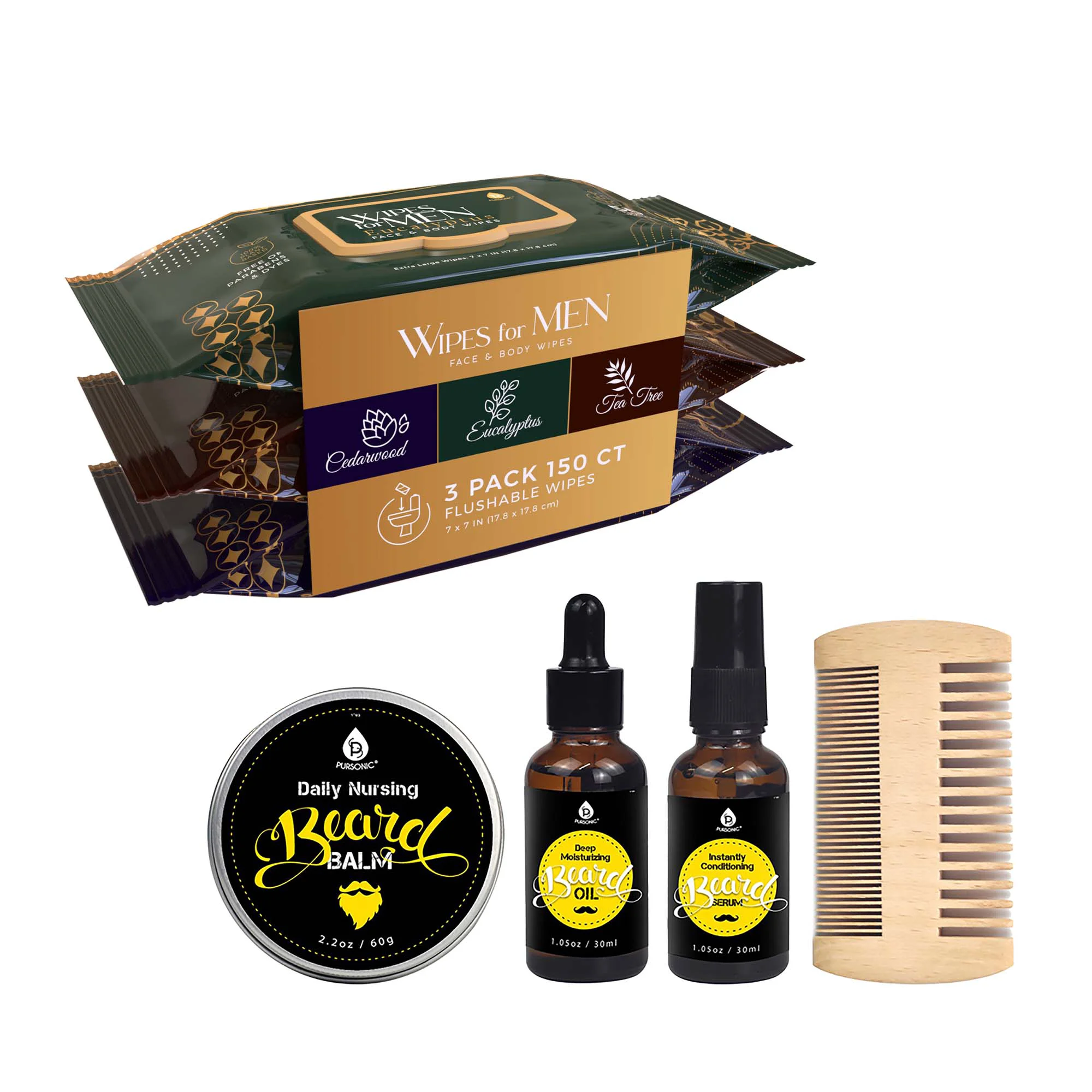 Breathable Men s Grooming Essentials Bundle – Assorted Face Body Wipes 3-Pack Cedarwood Tea Tree Eucalyptus Pursonic Beard Care Grooming Kit Certified