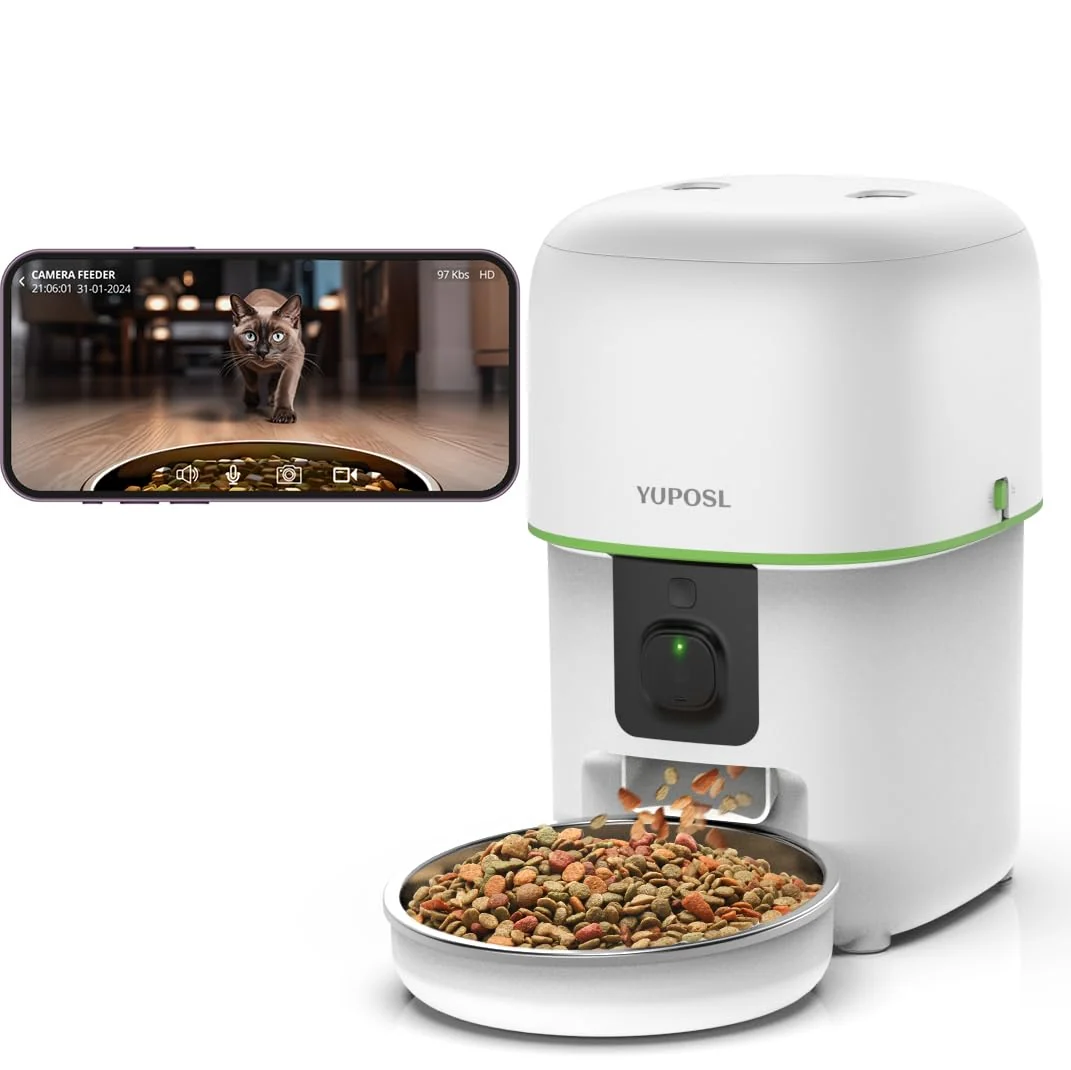 Casual Yuposl Automatic Cat Feeder with Camera – 5G WiFi 1080p Night Vision 1-15 Meals 99 Portions Verified