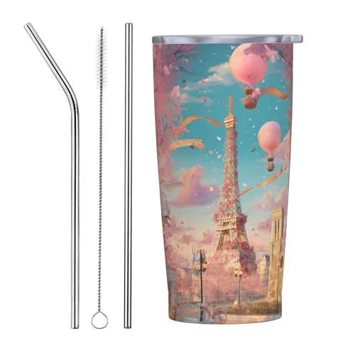 Smart Paris Eiffel Tower Tumbler with Lid and Straw 20oz Coffee Tumblers Leakproof Stainless Steel Travel Mug Vacuum Insulated Cup for Iced and Hot 20 Count Casual