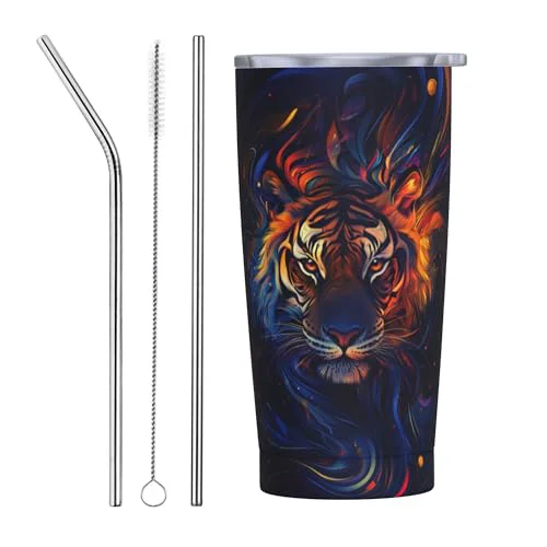 Comfortable Tiger Tumbler with Lid and Straw 20oz Coffee Tumblers Leakproof Stainless Steel Travel Mug Vacuum Insulated Cup for Iced and Hot 20 Count Sustainable