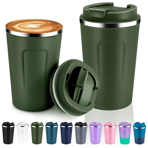Outstanding 12 oz Double Wall Insulated Vacuum Travel Coffee Mugs with Flip Lid Bulk 2 Pack 2 Count Specialty