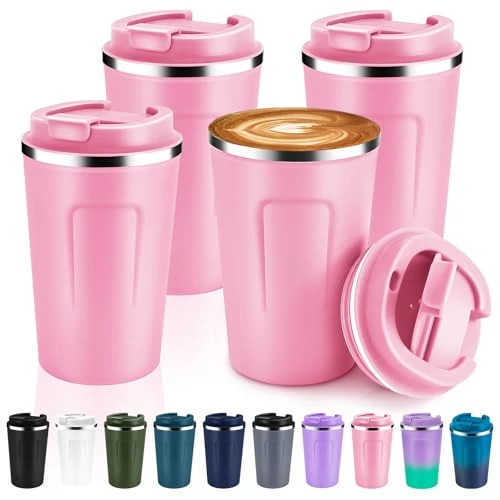 Premium Material 12 oz Double Wall Insulated Vacuum Travel Coffee Mug with Flip Lid Bulk 4 Pack 4 Count Effective