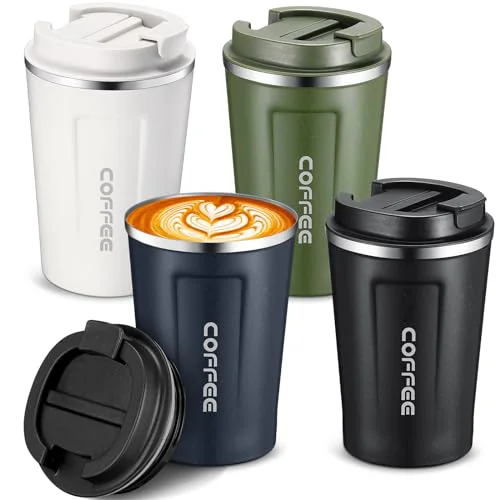 Elite 4 Pcs 13 oz Travel Coffee Mug Insulated Reusable Coffee Cups with Leakproof Lid Stainless Steel Portable Tumbler for Keep Hot or Ice Milk Tea 4 Count Sustainable