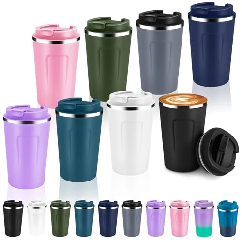 Dependable 12 oz Double Wall Insulated Vacuum Travel Coffee Mug with Flip Lid Bulk 8 Pack 8 Count Natural