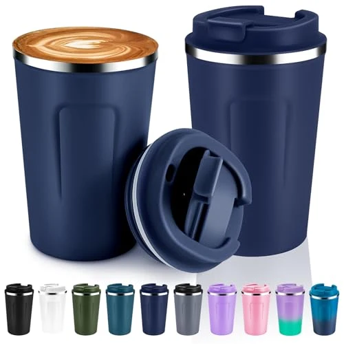 Premium 12 oz Double Wall Insulated Vacuum Travel Coffee Mugs with Flip Lid Bulk 2 Pack 2 Count Original