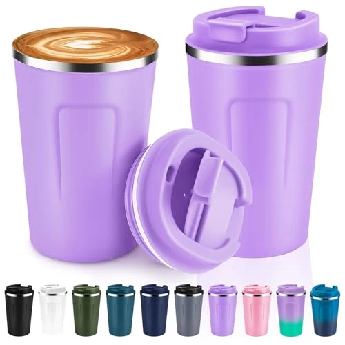 Refined 12 oz Double Wall Insulated Vacuum Travel Coffee Mugs with Flip Lid Bulk 2 Pack 2 Count Safe