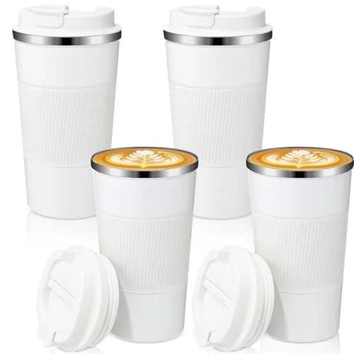 Prestigious 4 Pack 16 oz Bulk Travel Coffee Mug with Lid Reusable Vacuum Insulated Coffee Tumbler Double Wall Thermal Stainless Steel Camping Tea Cup for Christmas Winter Drinks Employee Gift 4 Count Breathable