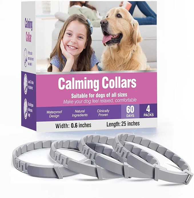Exclusive Calming Collar for Dogs 4 Packs Dog Pheromone Calm Collars Relief Anxiety Stress Separation Lasts 60 Days Relieve Bad Behavior 25 Inches Size Flexible Adjustable for All Small Medium and Large DogAbout ThisOverview Fine