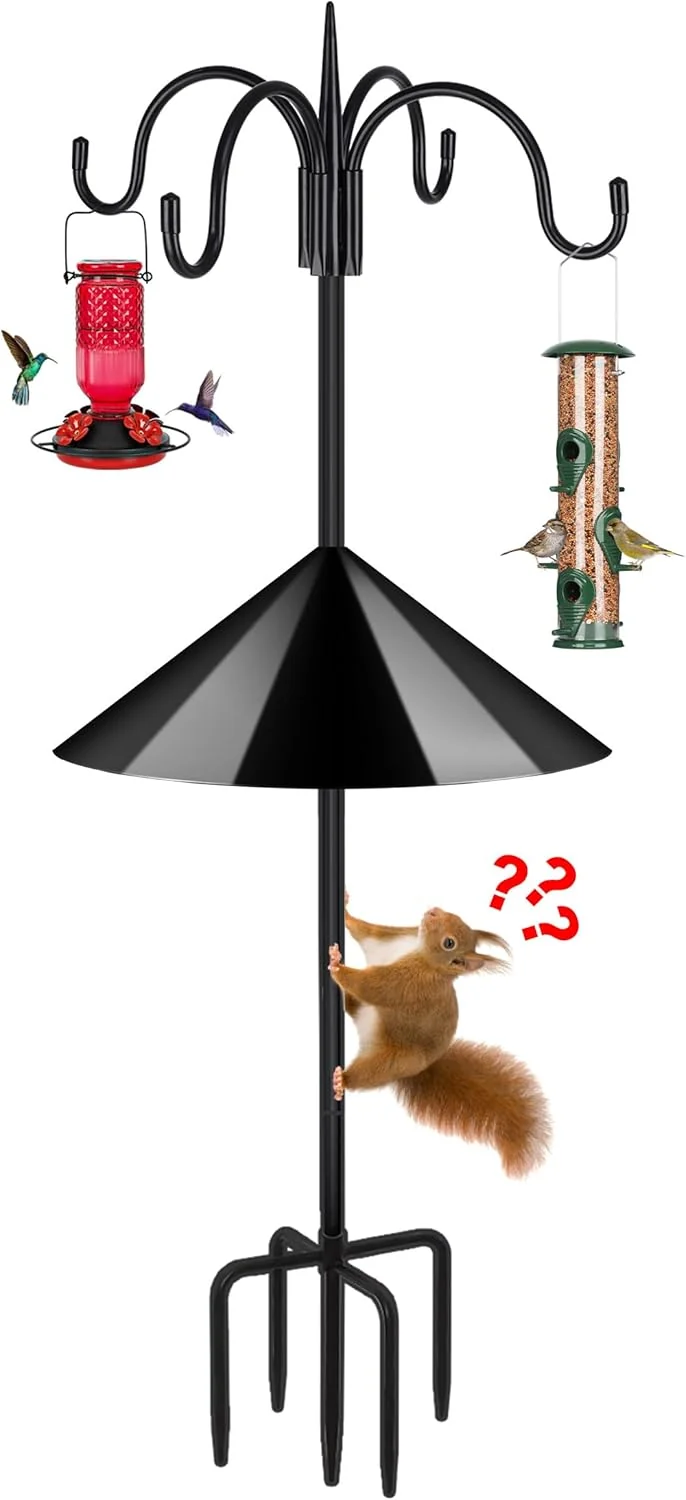 Eco-Friendly FEED GARDEN 92 Inch Adjustable Shepherd Four Hooks with Squirrel Baffle Heavy Duty Garden Hooks 5-Prong Base Bird Feeder Pole for Hanging Plant Baskets Solar Lights Lanterns Green