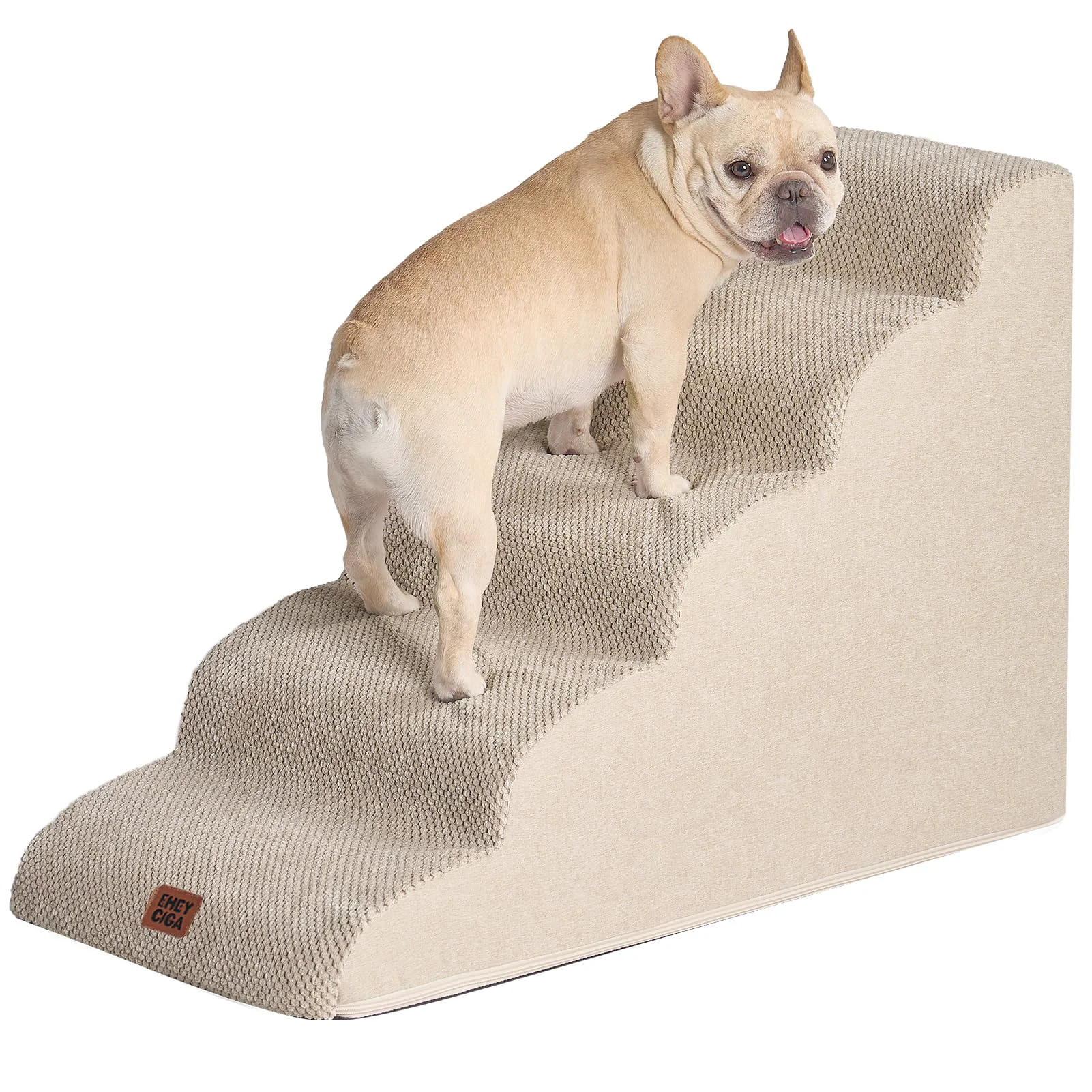 Unique EHEYCIGA Curved Dog Stairs for High Beds – 5-Step Non-Slip Foam Pet Steps Beige Enhanced