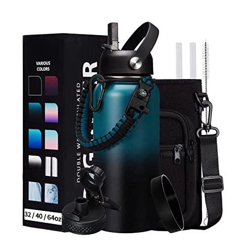 First-Class 32 40 64 128 oz Insulated Water Bottle with straw Spout Lids Keep Cold 48H Hot 24H Large Water Flask Bottle with Shoulder Carrier Bag Paracord Handle Boot for Gym Workout Beach 9 Count Original Design