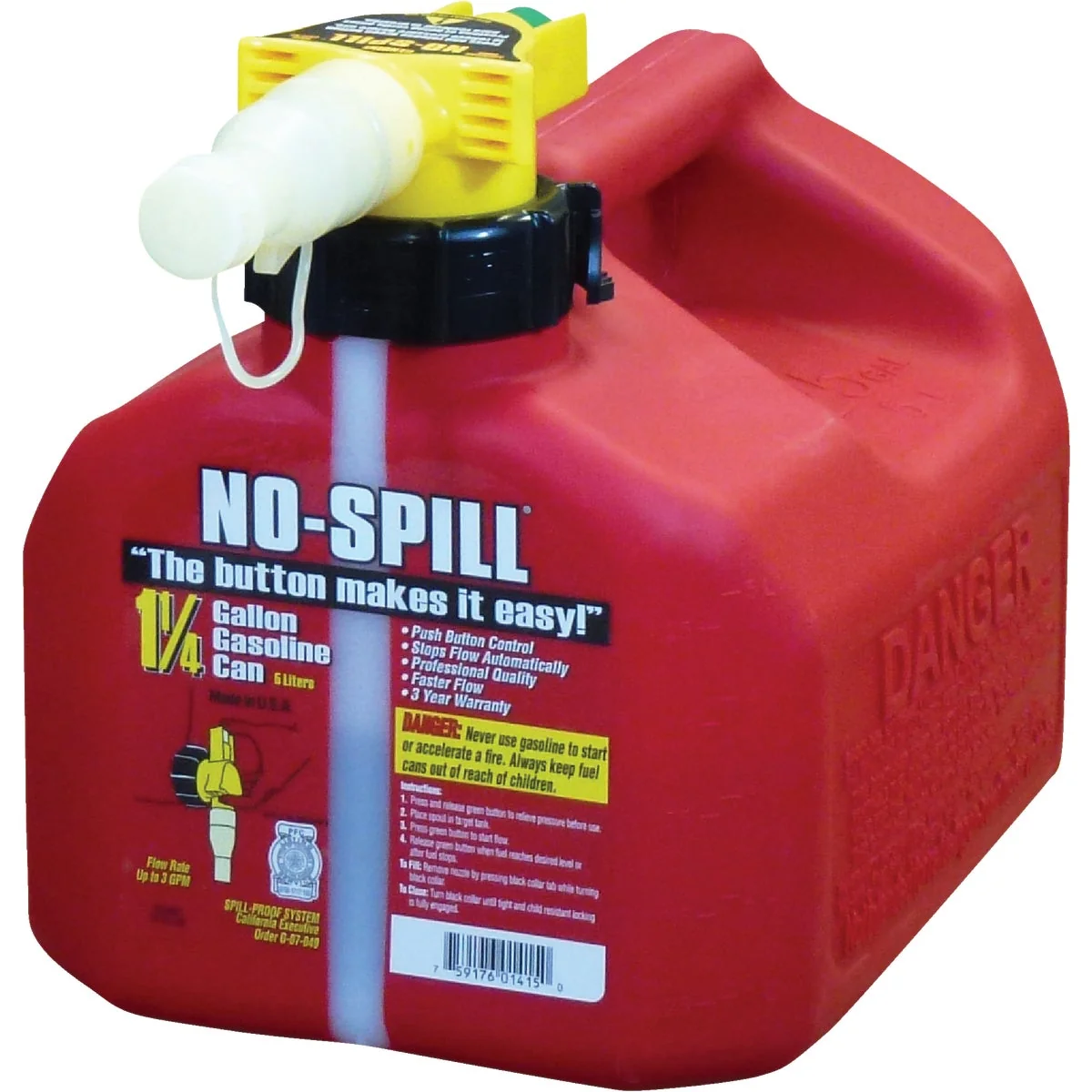Traditional No-Spill 1-1 4 Gal. Plastic Gasoline Fuel Can Red Excellent
