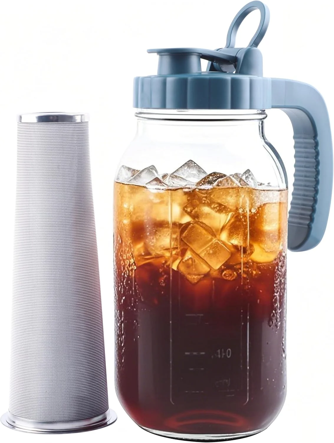 Pure Mason Jar Pitcher With Stainless Steel Filter 64 OZ Wide Mouth Cold Brew Coffee Maker 2 Quart Glass water pitcher with lid Half Gallon Cold hot Tea maker For Lemonade Milk Juice Refrigerator Exceptional