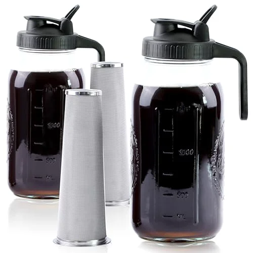 Stylish Cold Brew Coffee Maker 64 Oz Mason Jar Iced Coffee Maker 2 Set Half Gallon Glass Pitcher With Pour Spout Lids 2 Quart Wide Mouth Cold Brew Pitcher With Strainer For Fridge Exclusive