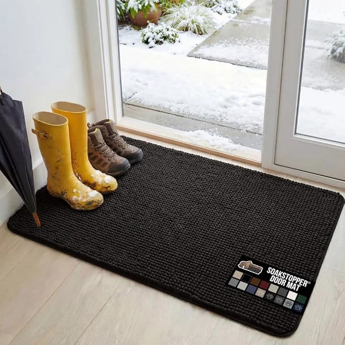 GORILLA GRIP SoakSTOPPER Dog Door Mat 48×30 Machine Washable Rug Absorbent Doormat Captures Moisture Mud Dirt Quick Dry Soft Chenille Entryway Rugs Indoor Entrance Mats for Dog Paws BlackAbout ThisOverview Refined