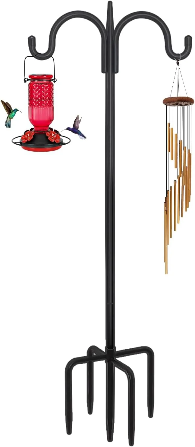 Convenient FEED GARDEN Adjustable Double Shepherds Hook for Outdoor with 5 Prong Base 63 Inch Heavy Duty Two Sided Bird Feeder Pole for Hanging Plant Baskets Solar Light Lanterns Wind Chimes Genuine