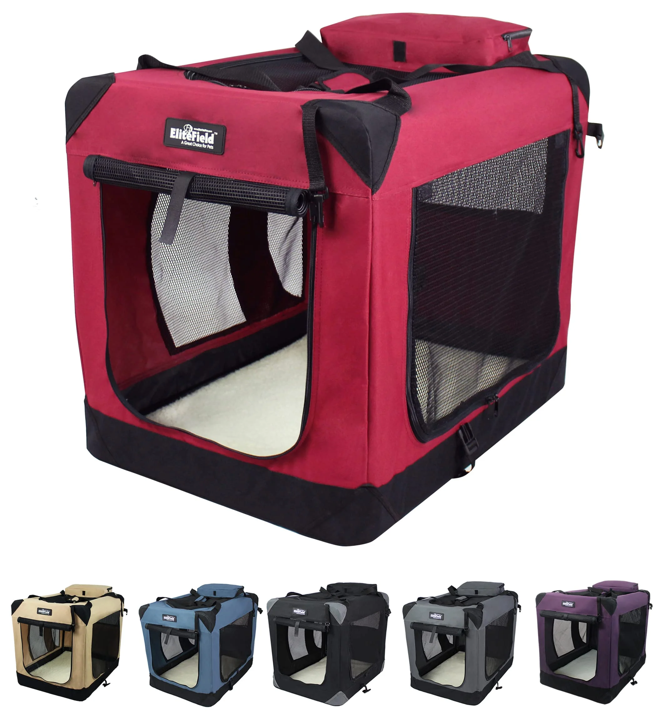 Environmentally Friendly EliteField 3-Door Folding Soft Dog Crate with Carrying Bag Fleece Bed – 20 x 14 x 14 in Maroon 2-Year Warranty Contemporary