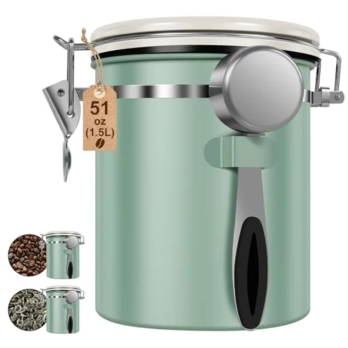 Fashionable 2PCS Coffee Storage Canister 1.5L 51OZ Double Airtight Coffee Beans Container with Date Locator 304 Stainless Steel Kitchen Food Storage Container with Spoon For Coffee Beans Grounds Tea Sugar 2 Count Top-Quality