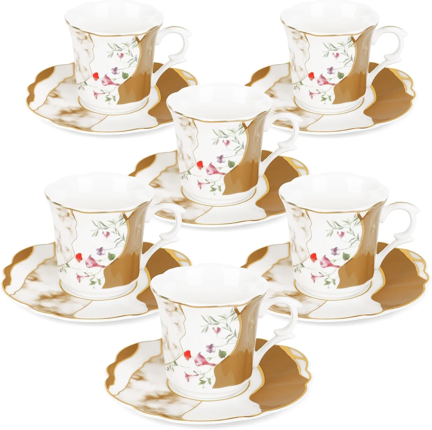 Fast fanquare 2.5 Ounce Demitasse Cup and Saucers 12 Pieces Ceramic Espresso Cups Set of 6 Brown Marble Pattern Espresso Mugs for Coffee Bar Home Fashionable