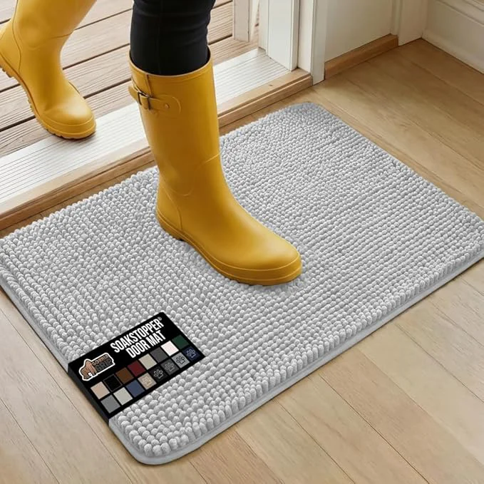 Stylish GORILLA GRIP SoakSTOPPER Dog Door Mat 30×20 Machine Washable Rug Absorbent Doormat Captures Moisture Mud Dirt Quick Dry Soft Chenille Entryway Rugs Indoor Entrance Mats for Dog Paws Light GrayAbout ThisOverview Natural
