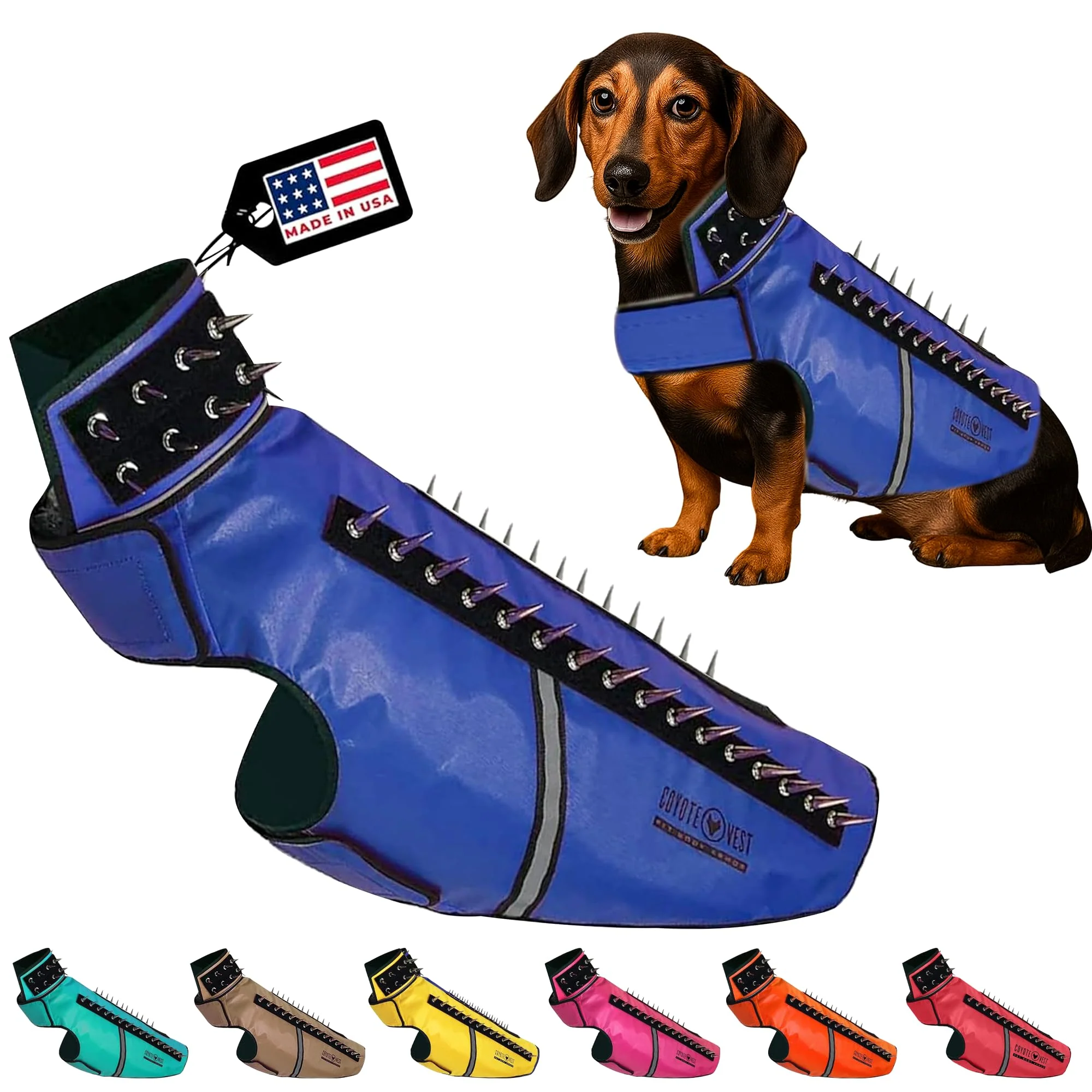 Recyclable CoyoteVest SpikeVest for Small Dogs – Reflective Spiked Harness Made in USA L-Royal Blue Exclusive