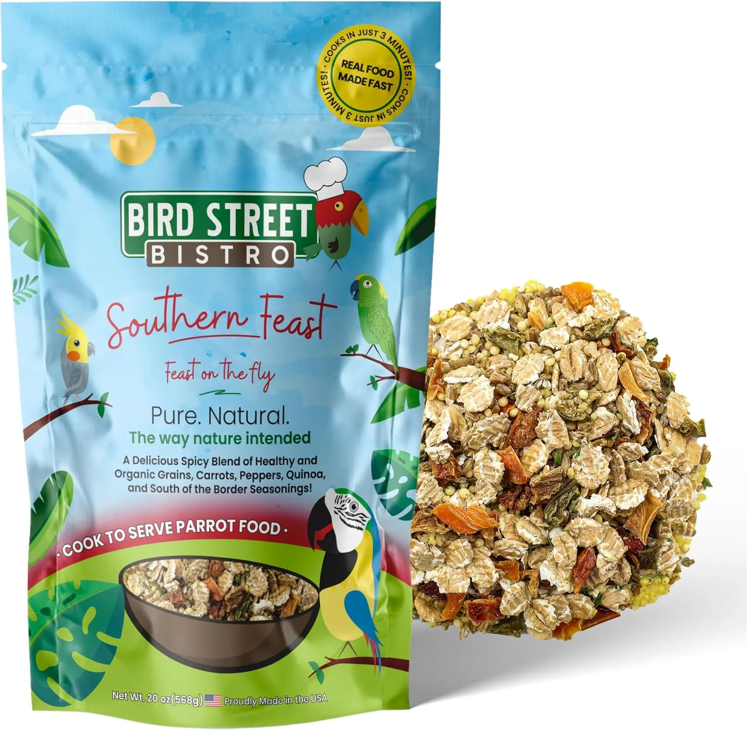 Genuine Parrot Food – Parakeet Cockatiel Food – Cooks in 3-15 min w Natural Organic Grains Legumes Non-GMO Fruits Vegetables Healthy Spices Flexible
