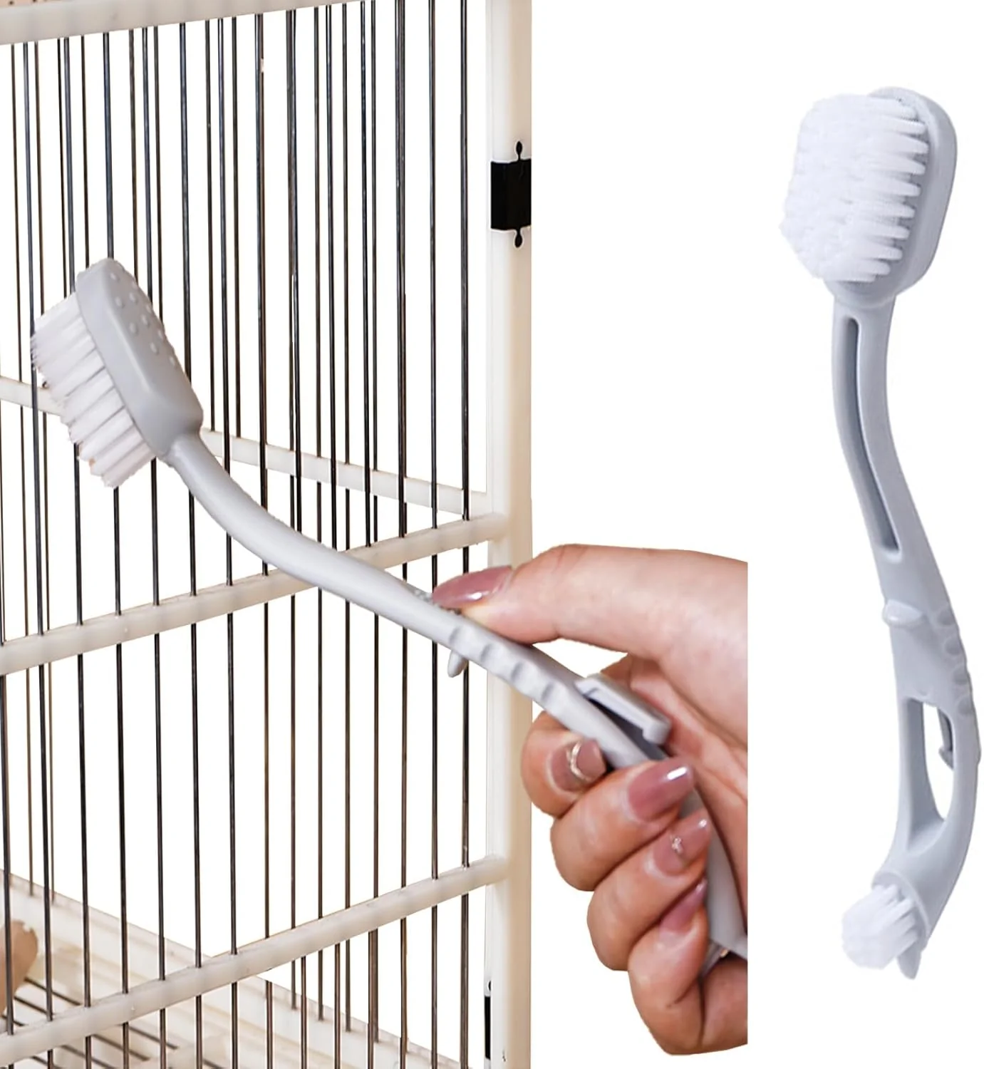 Elite MANON ROSA Bird Cage Cleaner with Two Brush Heads Long Handle Tool for Cleaning Bird Parrot Cages Kennels Perches User-Friendly