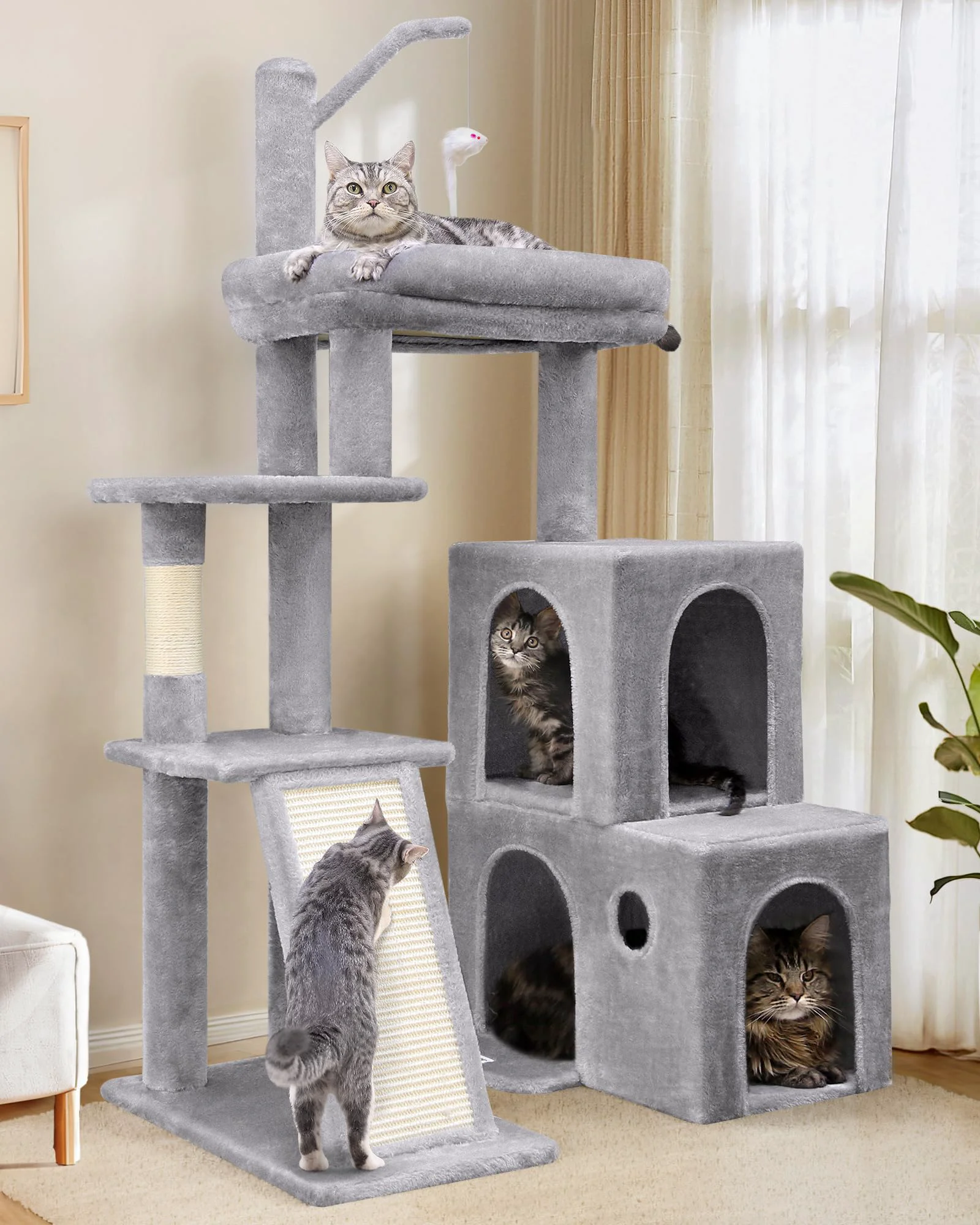 Classic Globlazer Cat Tower – 50-Inch Heavy Duty Cat Tree for Big Cats Light Grey Secure