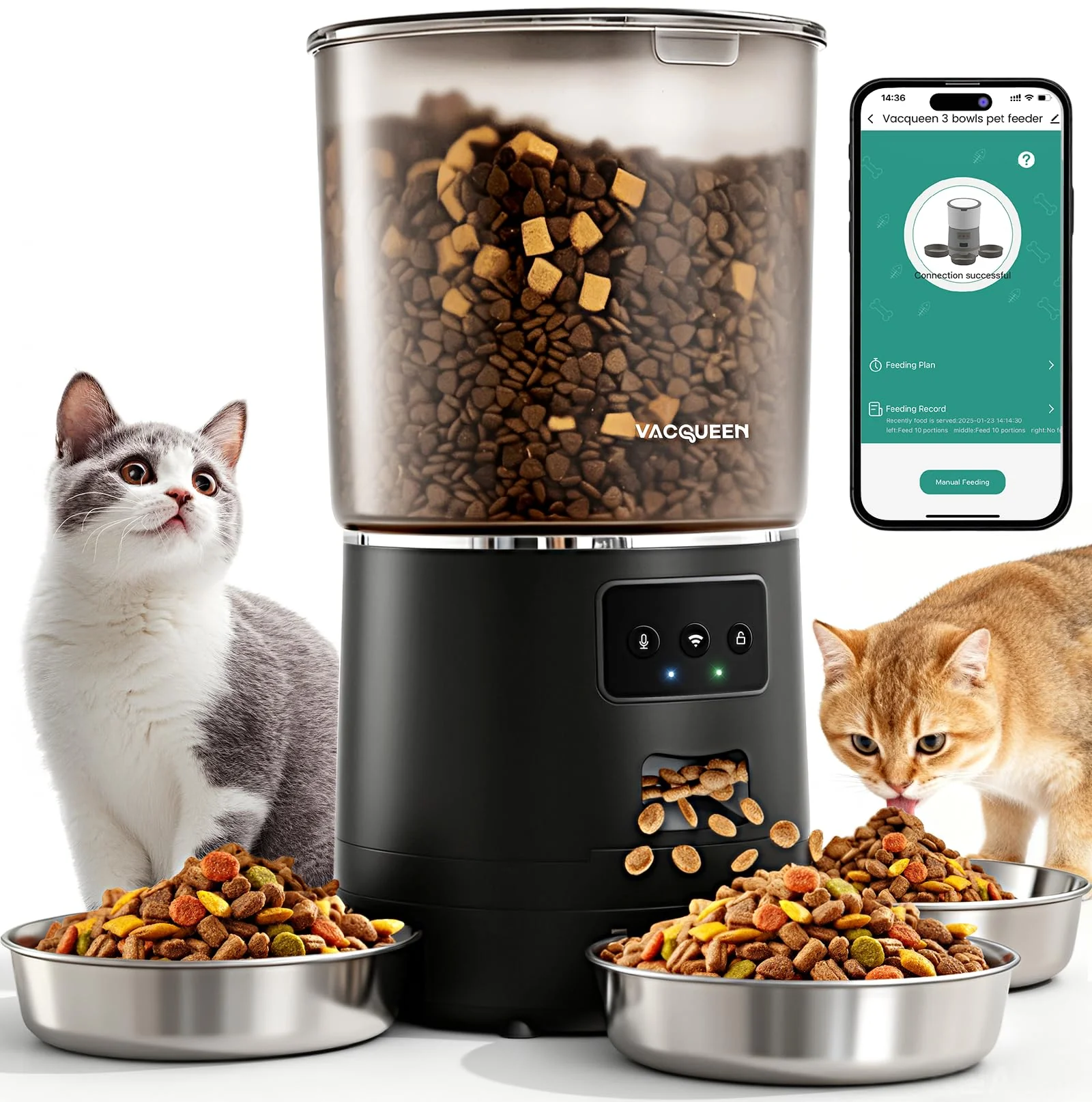 Green Vacqueen Automatic Cat Feeder for 3 Cats — 6L Smart WiFi Pet Feeder Anti-Jam Effective
