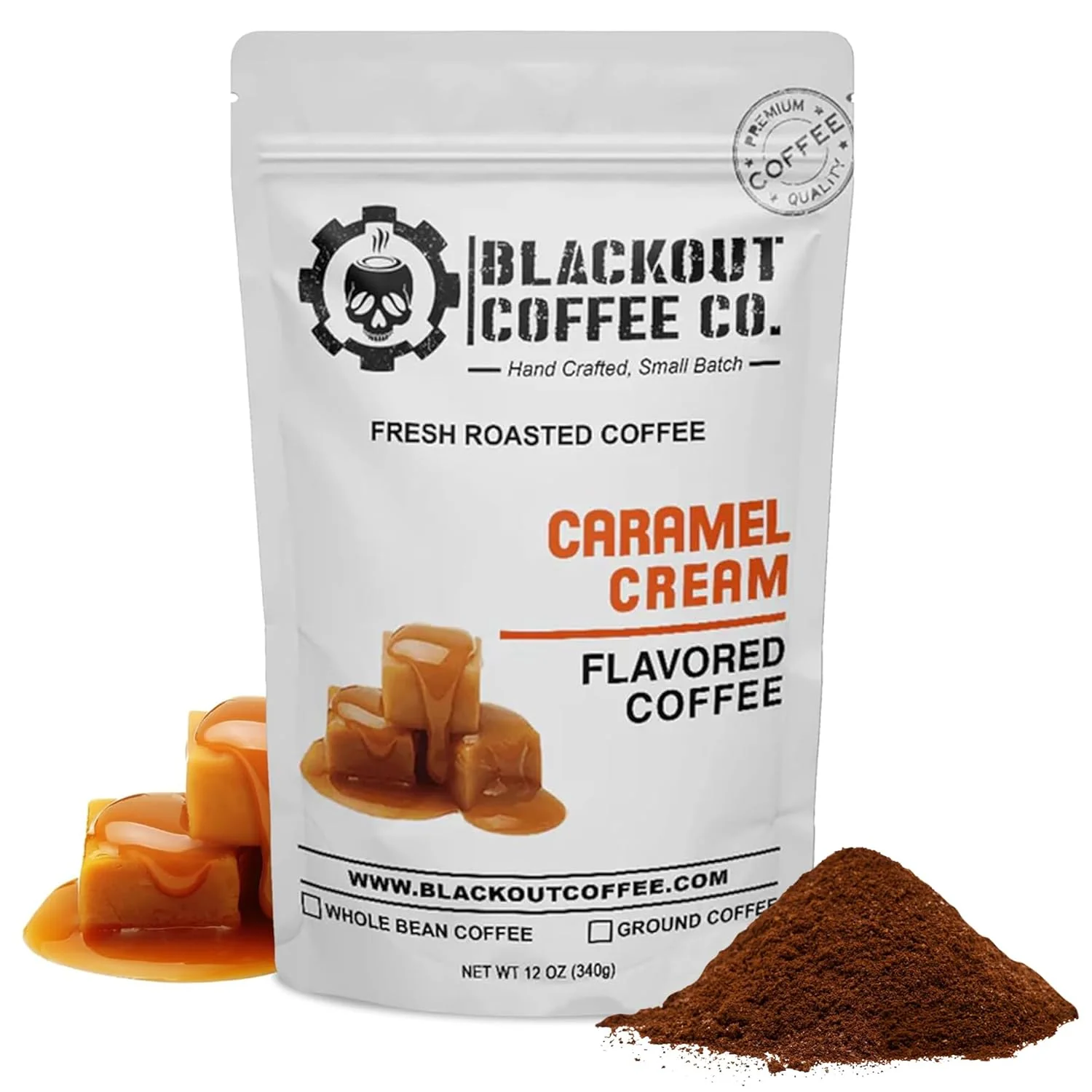 Pure Blackout Coffee Caramel Cream Flavored Coffee – Ground Coffee Fresh Roasted In the USA 12 oz pouch High-Grade