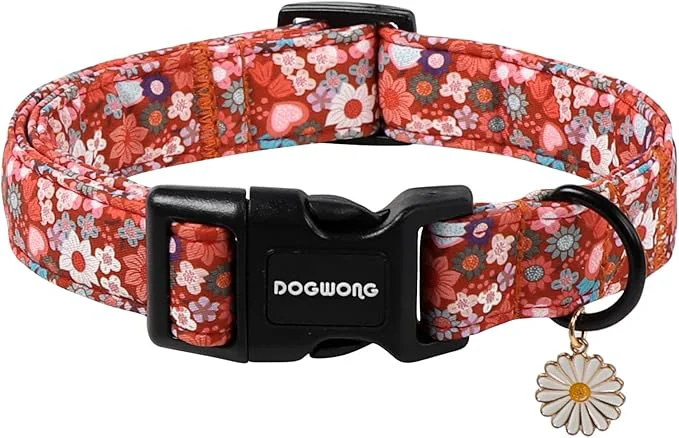 Durable DOGWONG Red Flower Dog Collar Cute Adjustable Floral Collar Girl Female Dog Crafted