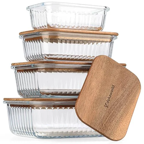 Excellent Ribbed Glass 4 Stackable Meal Prep Containers with Acacia Lids Comfortable