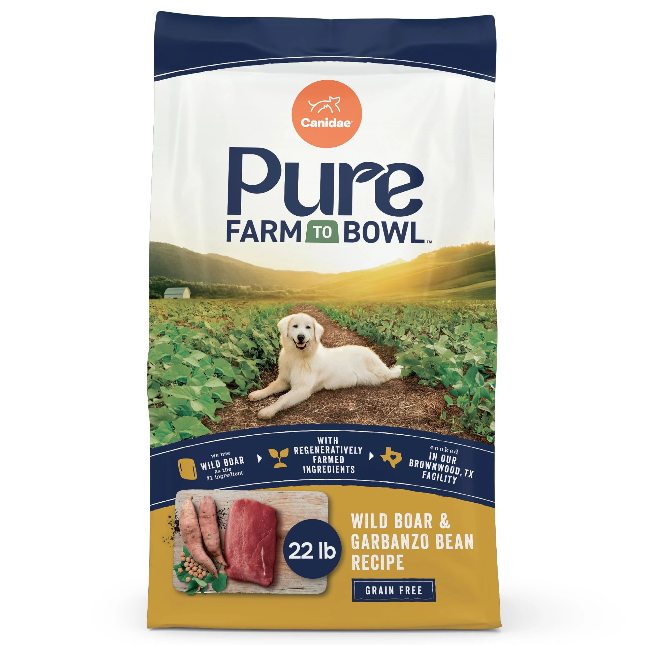 Unique Canidae Pure Farm to Bowl Wild Boar Garbanzo Bean Dry Dog Food – Grain- 22lb Green