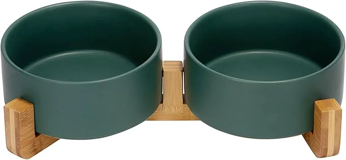 Premium SPUNKYJUNKY Ceramic Dog and Cat Bowl with Wood Stand Non-Slip Matte Glaze Weighted Food Water Set for Cat Medium Dog 28.7 OZAbout ThisOverview Refined