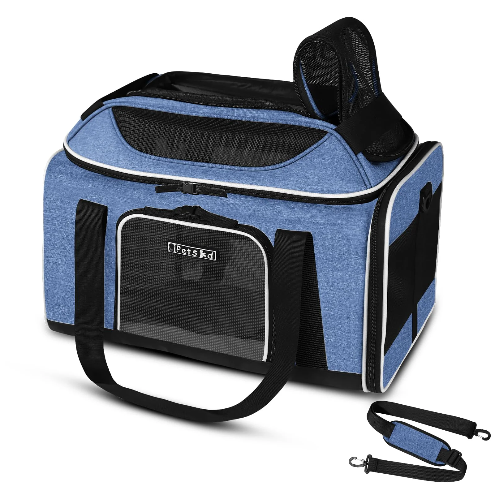 Petskd Top-Expandable Airline- Pet Carrier 18x11x11 in – Soft-Sided Blue Carrier for Small Dogs Cats Breathable