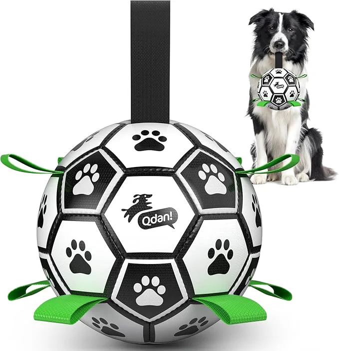 Safe QDAN Dog Toys for Small Medium Puppy Soccer Ball for Dogs with Straps Dog Herding Balls Birthday Toy Gifts Black Greem 6 Inch About This Pure