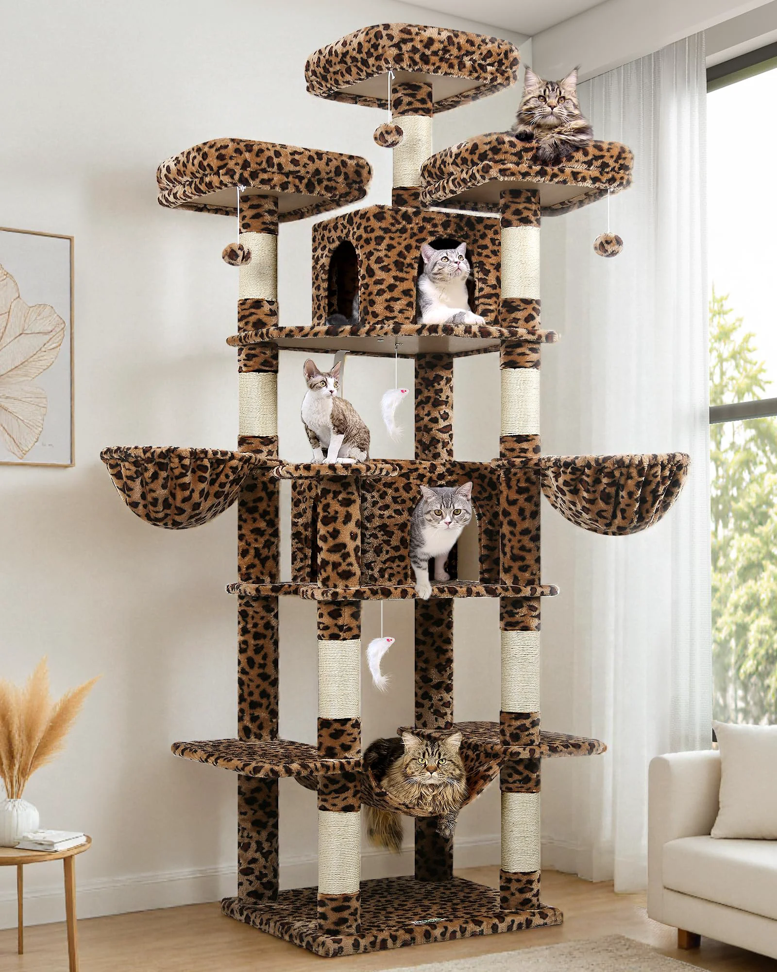 Next-Generation Globlazer Big Cat Tower – 80-Inch Indoor Cat Tree for Multi-Cat Homes Leopard Print Long-Lasting