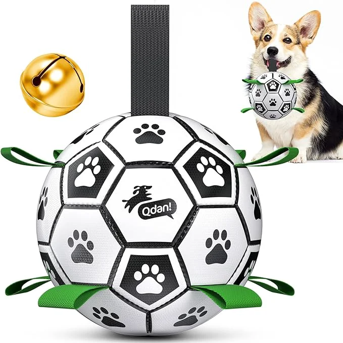 High-Quality QDAN Dog Soccer Balls Toy with Bell Inside Outdoor Interactive Toys for Tug of War Puppy Birthday Gifts Water Toy Durable Ropes Squeaky Ball for Small Medium Dogs （6 INCH）About This Refined