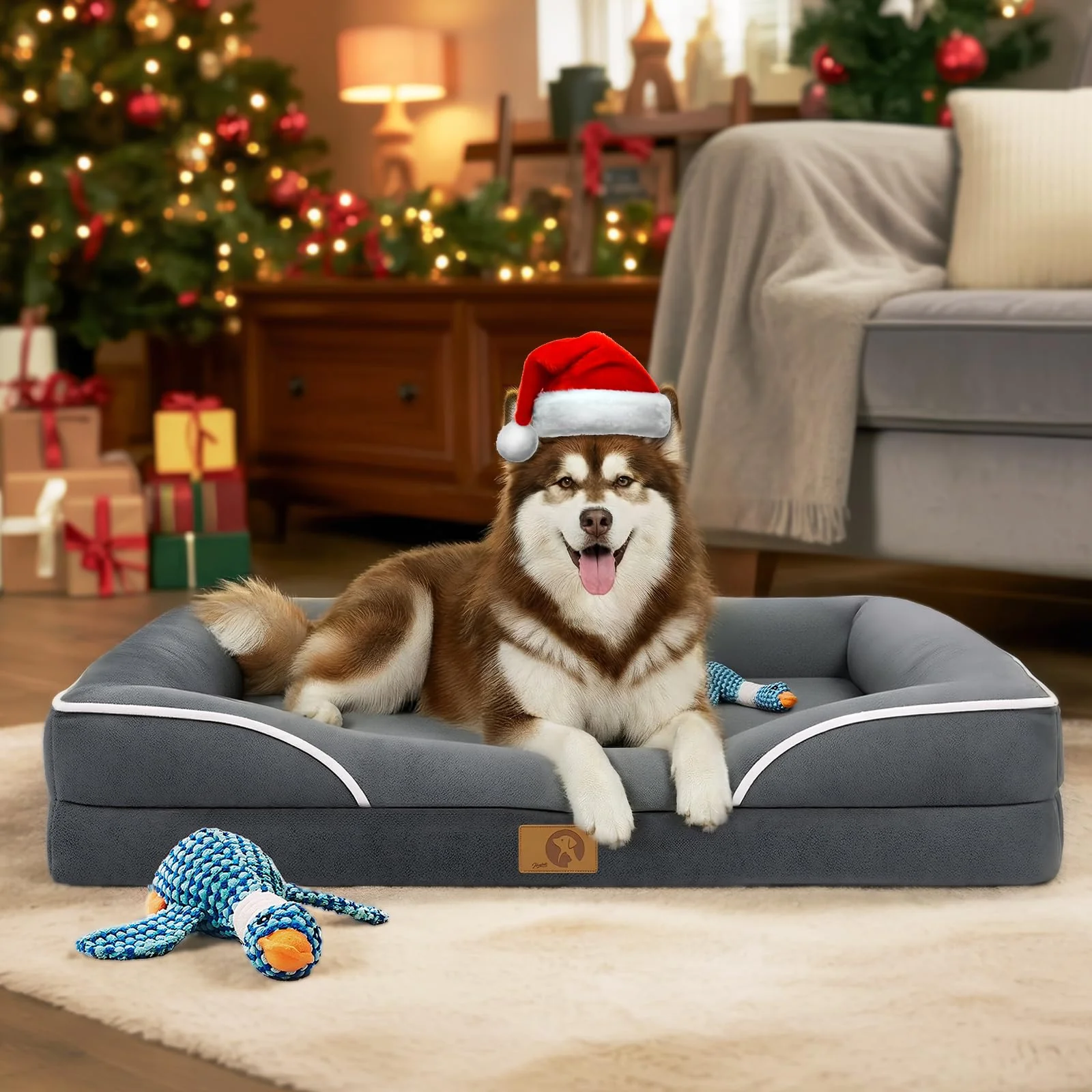 Fashionable HOMEMATE Extra Large Dog Bed 48×35 in — Orthopedic Foam Non-Slip Bottom Removable Washable Cover Includes Toy Dark Grey Sophisticated