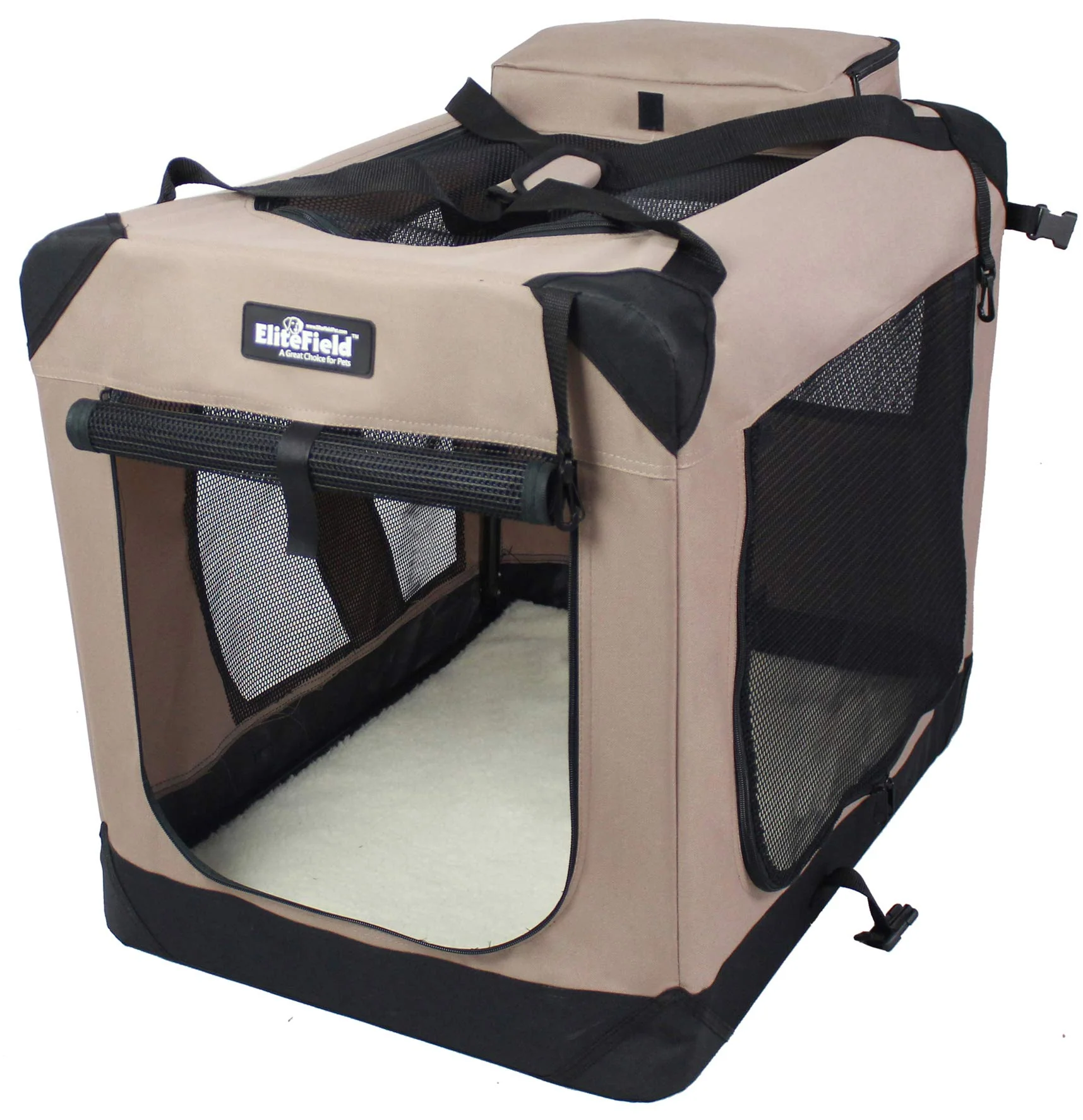 Refined EliteField 3-Door Folding Soft Dog Crate — 42x28x32 Khaki with Bag Fleece Bed Sustainable