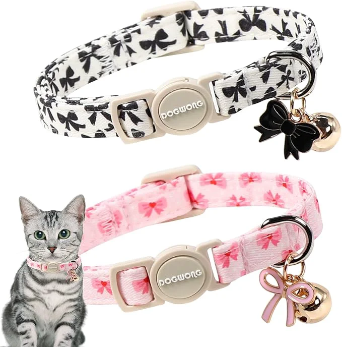 Sophisticated 2 Pack Cotton Breakaway Cat Collar Pink and Black Heart Shaped Pendant Cute Verified