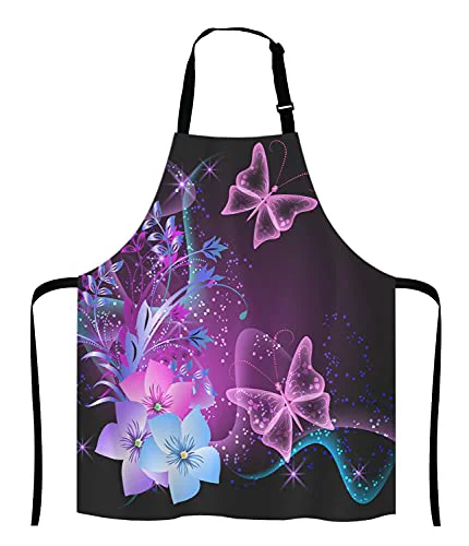 Dependable Purple Apron Pink Purple Butterfly and Flowers Adjustable Bib Apron Kitchen Cooking Baking Gardening Apron for Women Men Innovative