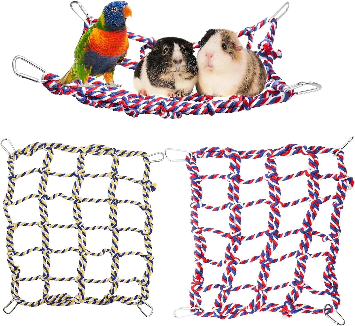 Crafted 2 Pack Large Colorful Bird Rope Net 14 × 10 Inches Rat Climbing Rope Net Pet Hanging Hammock Bird Ladder Rope Bridge Small Animal Rope Net Toy Cage Accessories for Rat Hamster Bird Ferret Trusted