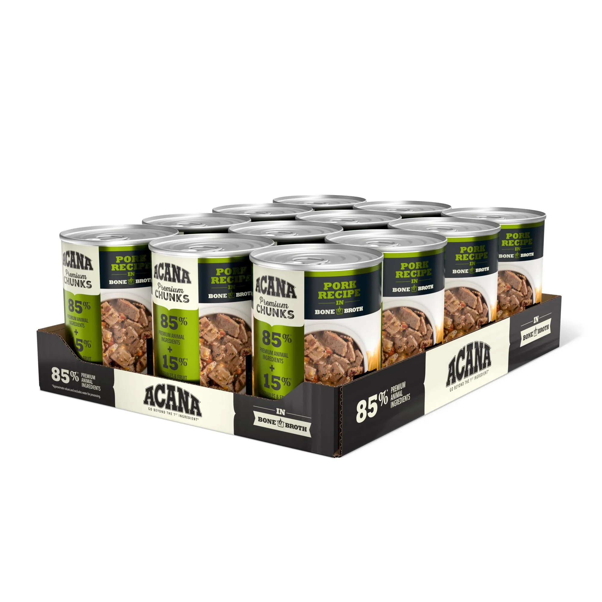 Soft ACANA Premium Chunks Pork Recipe in Bone Broth — Grain- Wet Dog Food 12.8 oz Cans 12 Ct Genuine