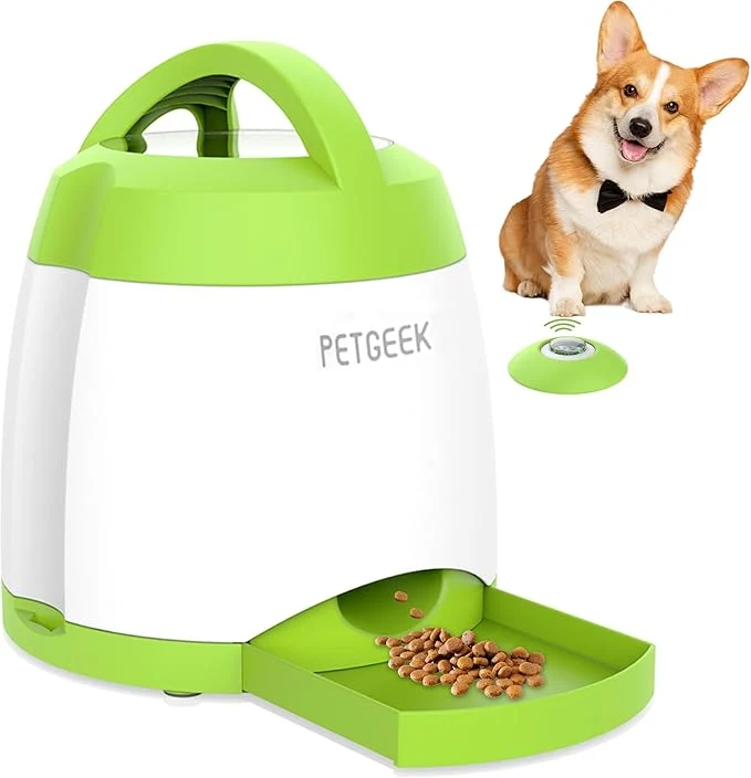 Lightweight PETGEEK Dog Treat Dispenser with Button Automatic Dog Feeder with Remote Control and Dual Power Supply Dogs Puzzle Toys and Interactive Pet Stimulation Toys for Indoor or Outdoor Play Green About ThisOverview Flexible