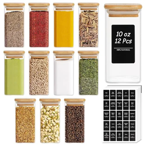 Pure Glass Spice Jars with Labels 10 oz 12 Pack Large Square Bamboo Lids 12 Count Recyclable