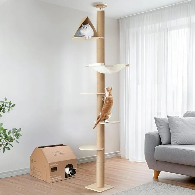 Convenient FUKUMARU Floor to Ceiling Cat Tree 6 Level Adjustable Height Climbing Tower Clean