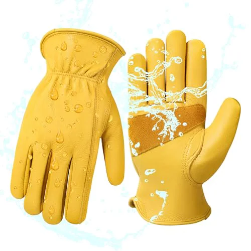 Versatile Water Repellent Cowhide Leather Work Gloves for Men 1 Pair Gold XS Solid